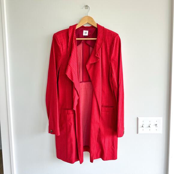 Cabi Houndstooth Ruffle Trim Mid Length Celebration Coat Red L - Picture 1 of 9